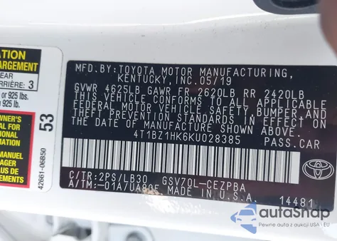 2019 Toyota Camry Xse V6 from USA, damaged, VIN 4T1BZ1HK6KU028385